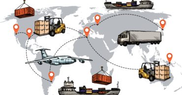 un planisphère recouvert de lignes pointillées, qui montre un lien entre chaque pays. On peut aussi y voir des camions de avions de bateaux ou des outils de logistique.